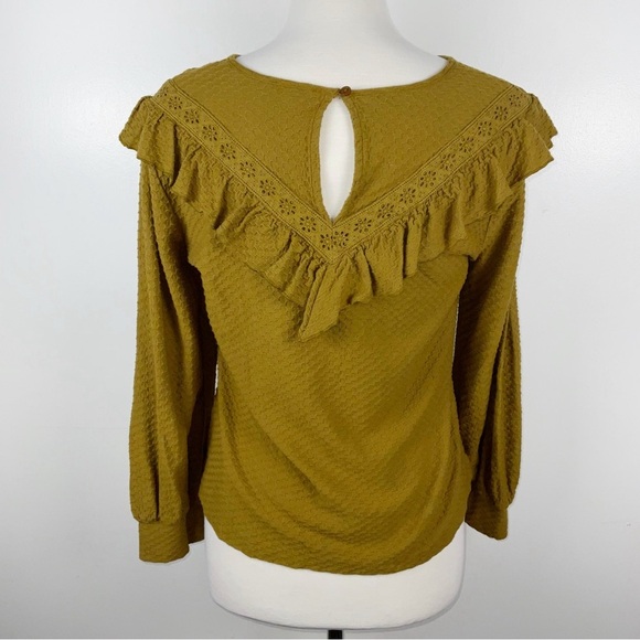 J. Crew Knit Honeycomb Olive Ruffle Blouse Top Bishop Sleeve | Size S - Picture 4 of 7